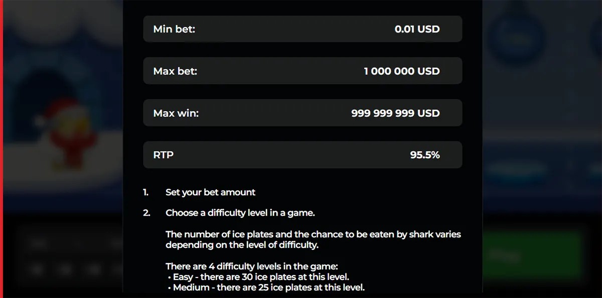 Screenshot of a game information window showing min bet 0.01 USD, max bet 1,000,000 USD, max win 999,999,999 USD, and RTP 95.5%, followed by step-by-step instructions to set your bet and choose a difficulty level with notes about ice plates and risk.